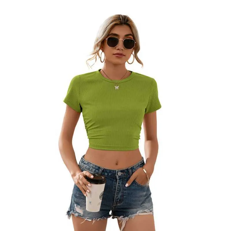 T Shirt O Collo Maglia Crop op Donna Primavera Estate Casual Backless Sexy Streetwear Ribber Nero Manica corta ops 210623