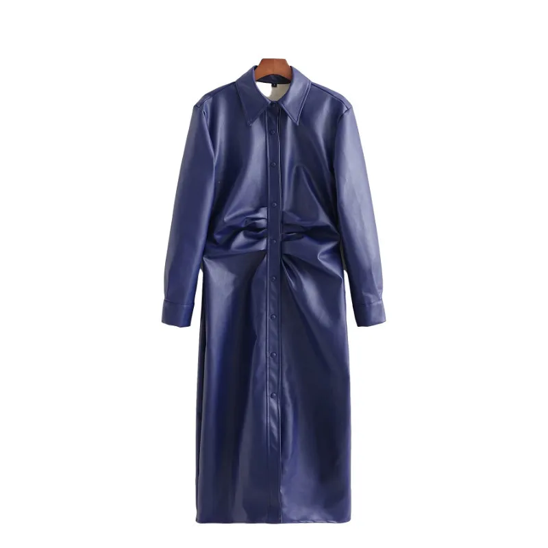 Vintage femme bleu foncé PU chemise plissée robe printemps automne mode dames en cuir es femme élégant Streetwear 210515