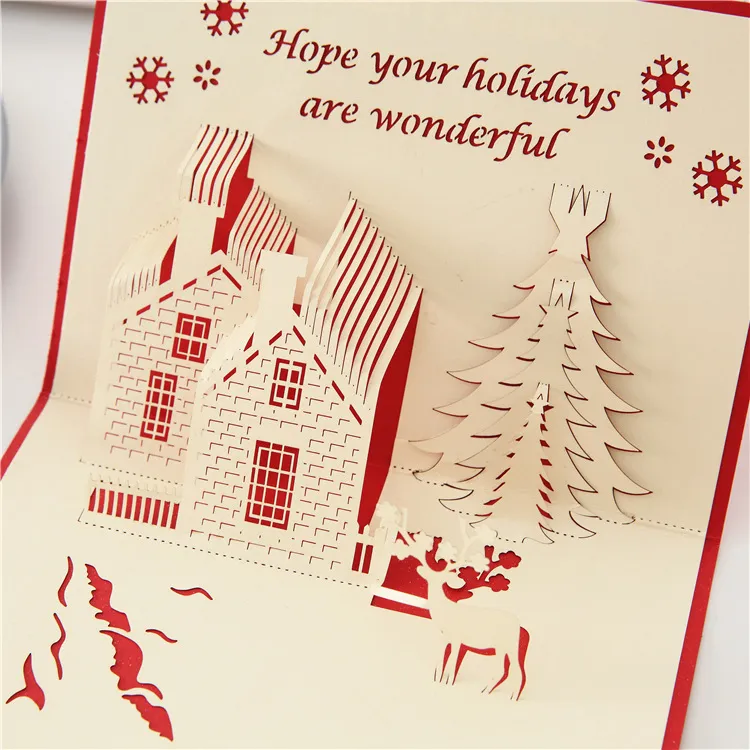 クリスマス3Dグリーティングカードカラフルな木のレーザー切断封筒はがき中空彫りの手作り子供ギフトカード