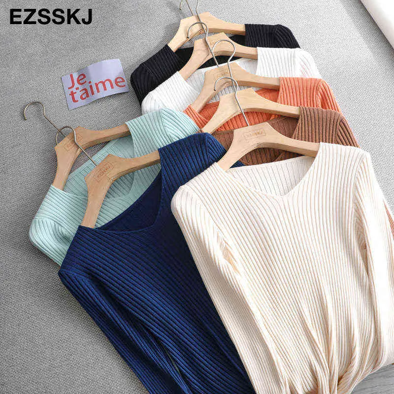 Wiosna Jesień Francuski Sexy Dzianiny Sweter Kobiety V-Neck Podstawowy Slim Sweter Dla Kobiet Top Knit Top 211217