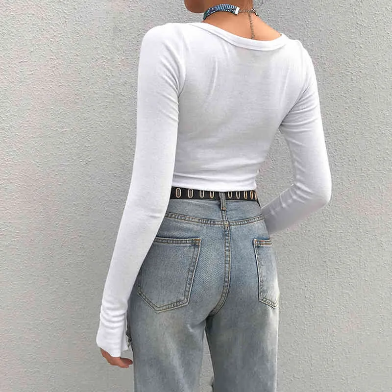 E-girl Stretchy Long Sleeve Crop Tops Y2K Women Summer Button Black Gray Tight Rib-knitted Plain Sexy T-shirt Camis Crop Tops G220228