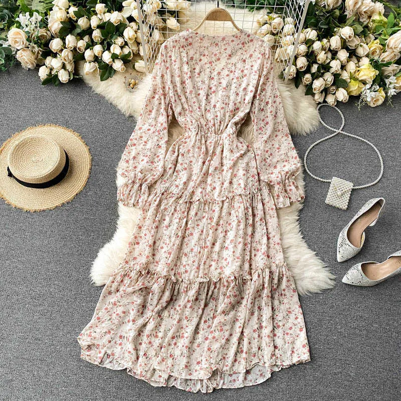 Spring Autumn Green/Blue/Beige/Black Flower Printed Draped Midi Dress Women Elegant V-Neck Flare Long Sleeve Casual Vestidos New Y0603