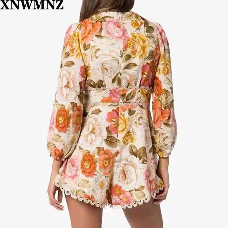 Högkvalitativ jumpsuit / boho kvinnor mini rompers blommigryck vestidos spets patchwork sashes damer korta klänningar kvinnlig 210520