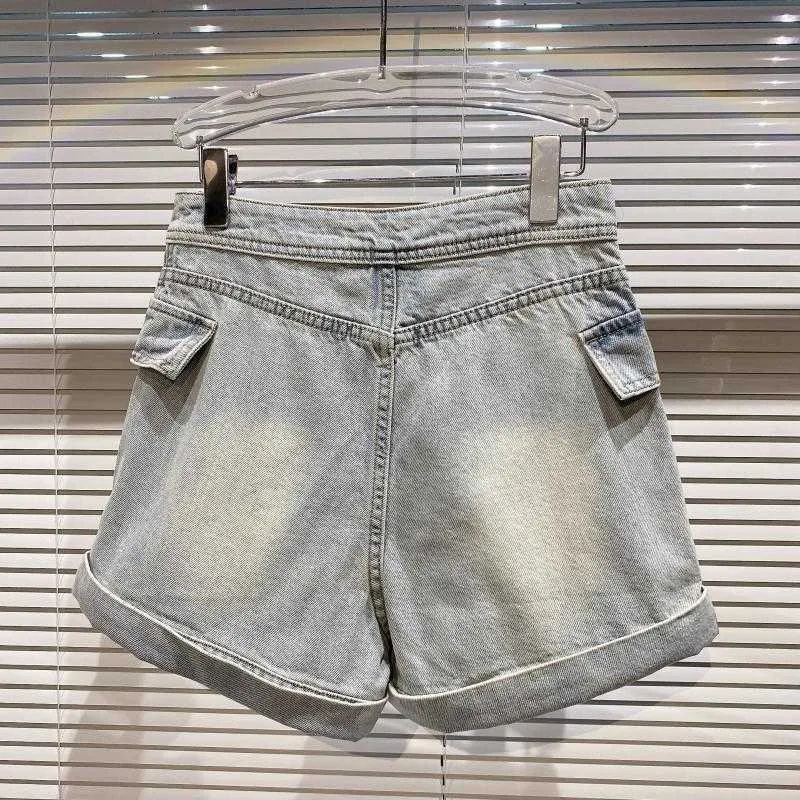 Deat Women Row Double Row Metal Buckle Washed Denim Shorts High Weist Fashion مزاج الربيع الصيف 11d937 210709