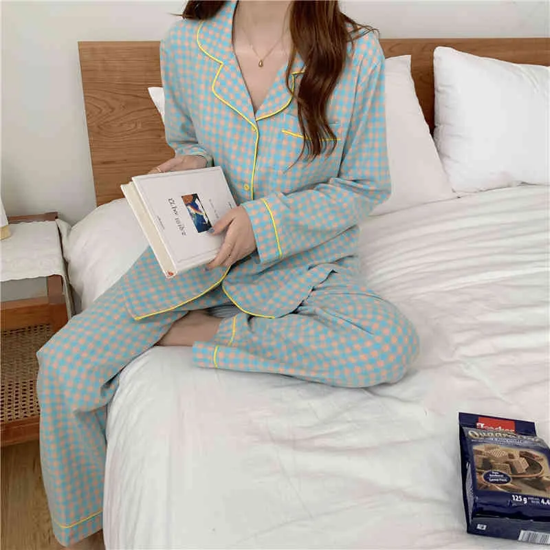 Nightwear Gentle Plaid Två Pieace Suit Varm bomull Homewear Soft Casual Loose Fashion Långärmad Pyjamas Set 210525