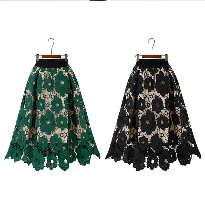 Hög midja kjolar Kvinnor Casual Vintage Midi Woman Lady Lace Fashion Skirt Foder Saia Mujer Faldas Saias Mulher 210520