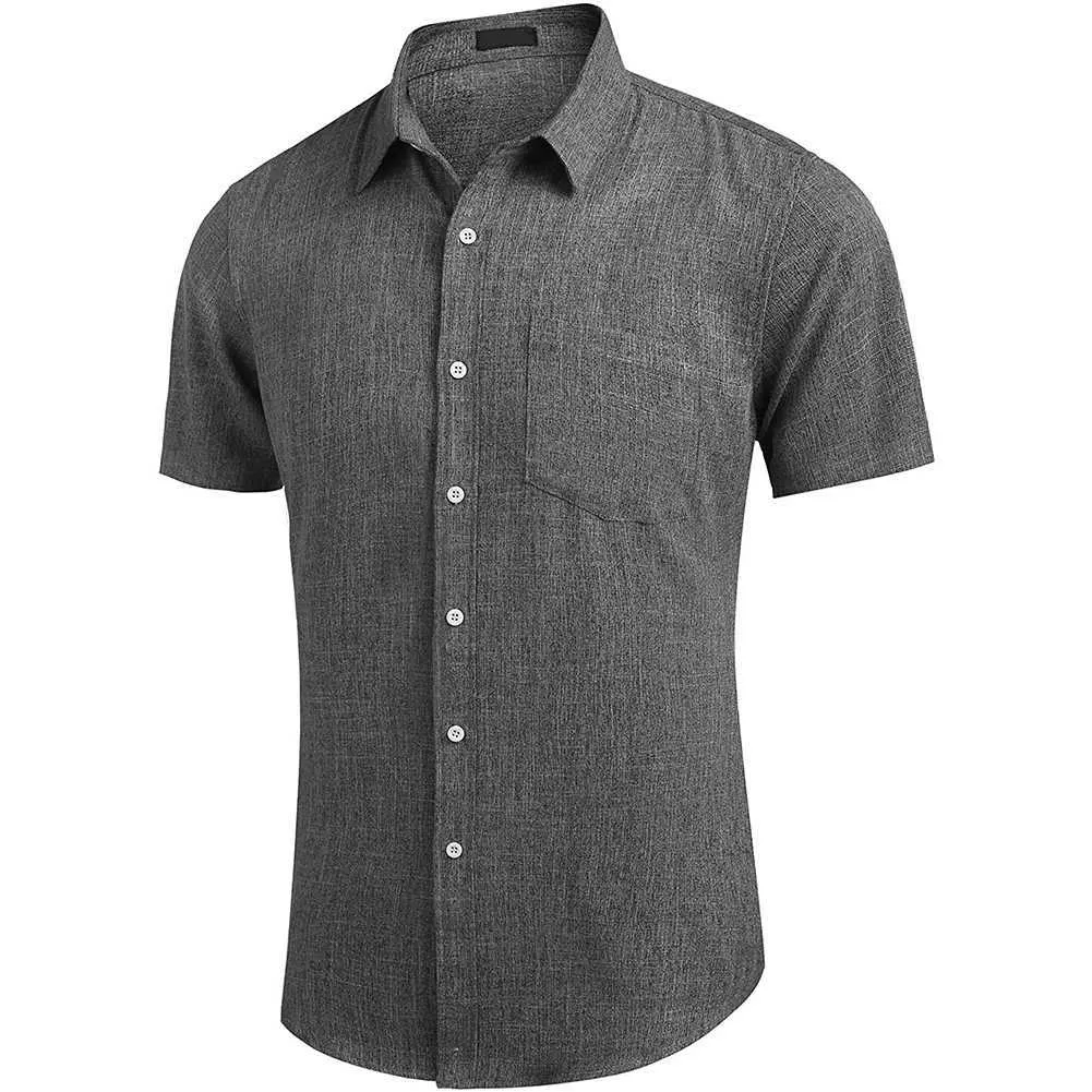 Men's Casual Linen Button Down Shirt Business Chambray Solid Summer Loose Cotton Breathable Classic 210809