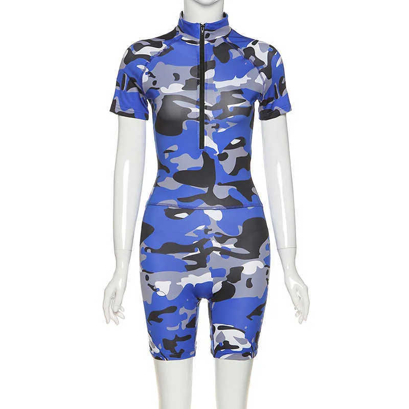 Colysmo Camouflage Print Rompers Женщины Летняя одежда Highight Шере с коротким рукавом BodyCon Paysuit Повседневная Комбинезон Уличная Одежда 210527