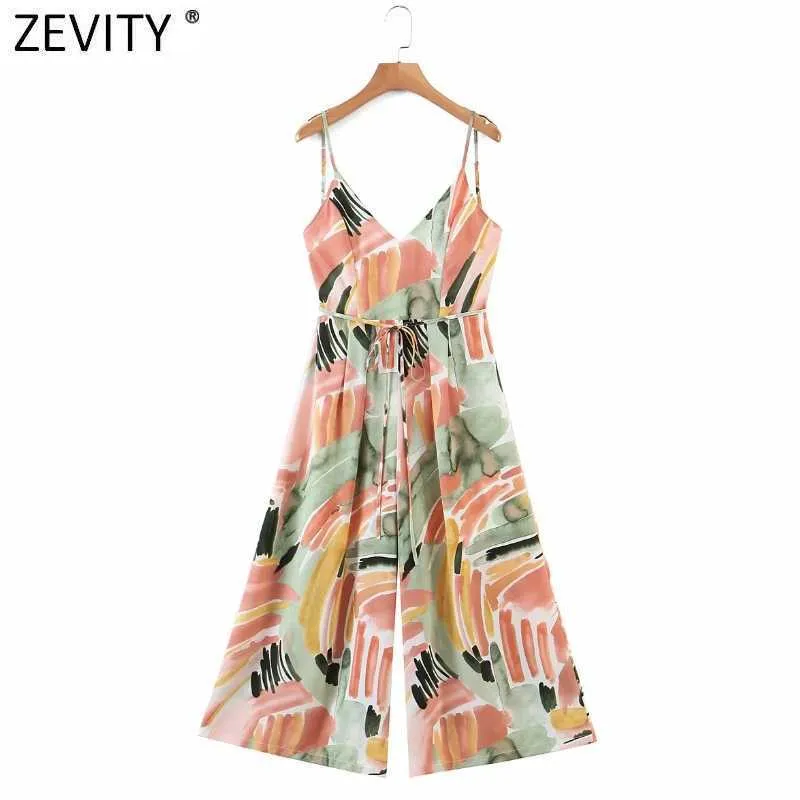 Zeveity Women Sexy Backbloet Graffiti Print Широкая нога Talf Длина комбинезон шикарные дамы спагетти ремешок повседневные летние Rompers P1097 210603