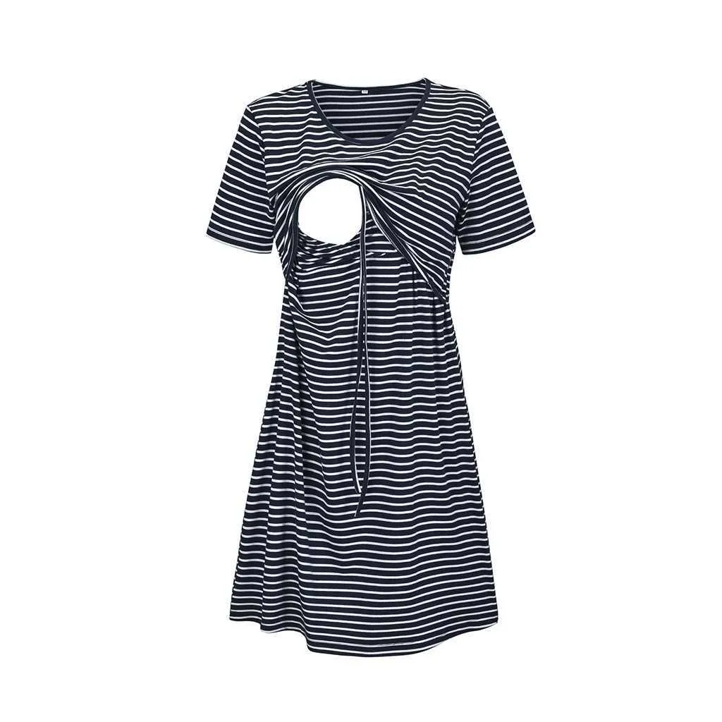50 # maternité vêtements de nuit robe femmes maternité à manches courtes imprimé rayé robe d'allaitement pour l'allaitement 2021 Q0713