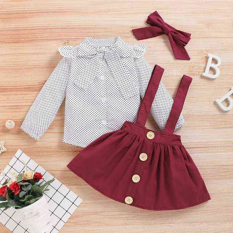 Baywell toddler tjejer kläder kostym vårhöst långärmad polka-dot utskrift topp + solid färg suspender kjol hårband 211224