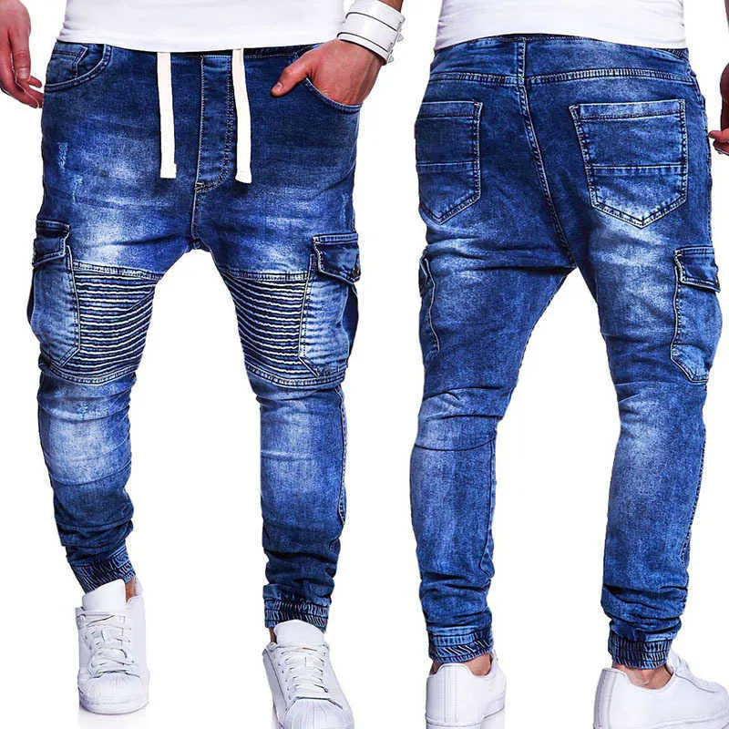 Moda giovanile da uomo estiva semplice moda casual Multi tasca con lacci pieghettati design dei jeans da uomo X0621