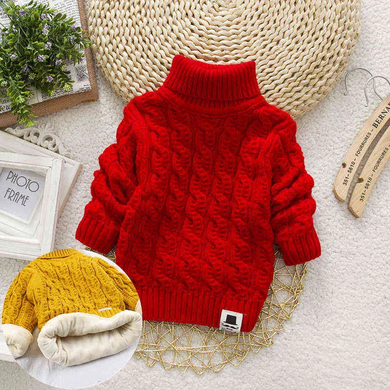 FILOLOGIA Peluche all'interno di colore puro inverno ragazzo ragazza bambino spesso lavorato a maglia camicie a collo alto solido maglione collo alto pullover fluff 211104