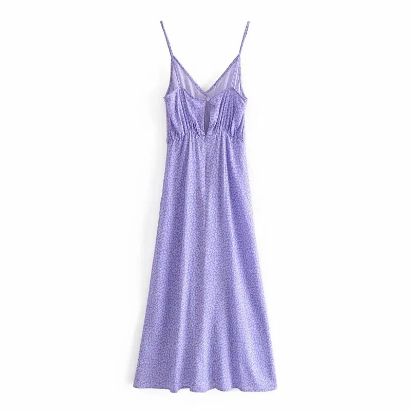 Dress Women Purple Print Draped Slip Summer Long Dresses Ruched Spaghetti Strap Sexy Backless Party Woman 210519