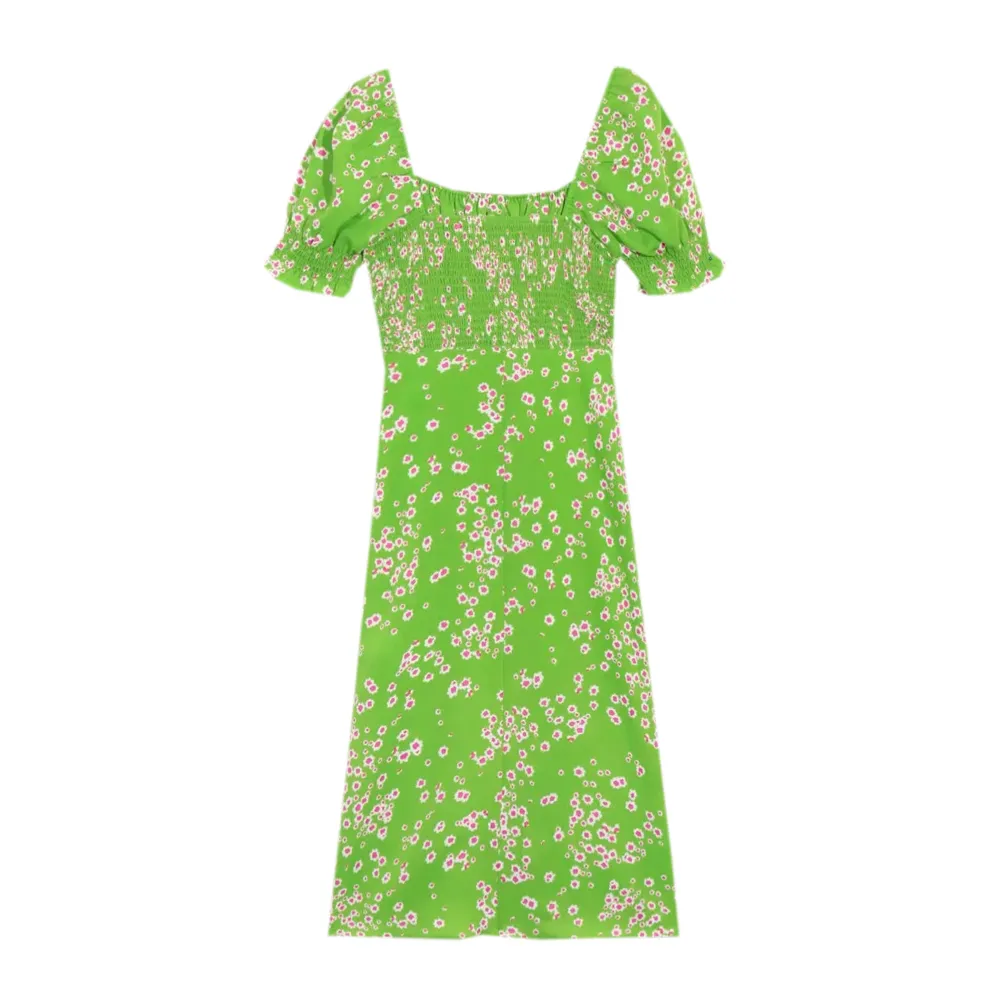 Moda Wakacje Split Kobiety Dress Summer France Pink Floral Print Green Vestido Elegancki Sukienki z krótkim rękawem 210520