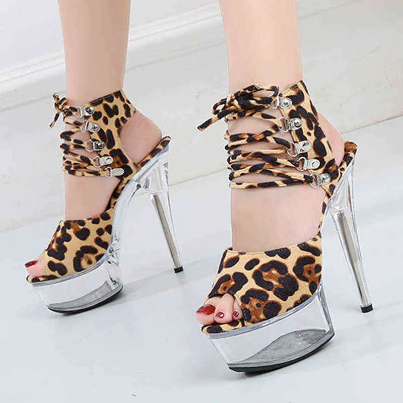 Sandały Przezroczyste Buty Kryształowe 34-43 Leopard Drukuj Sexy Stiletto Platformy Sandały 13Cm15cm Wysokie obcasy 220309