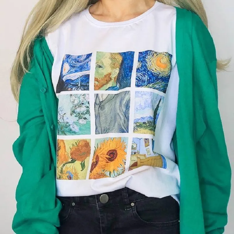 Kobiety Van Gogh Malarstwo Vintage T-Shirt Tumblr Grunge Estetyczne Drukowane Tee Krótkie Rękawy Białe Topy 210518