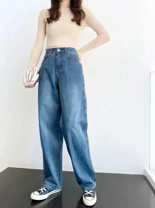 Весенняя винтажная высокая талия натягивает прямые джинсы белые голубые женщины повседневные джинсовые брюки лодыжки длина брюки 210429