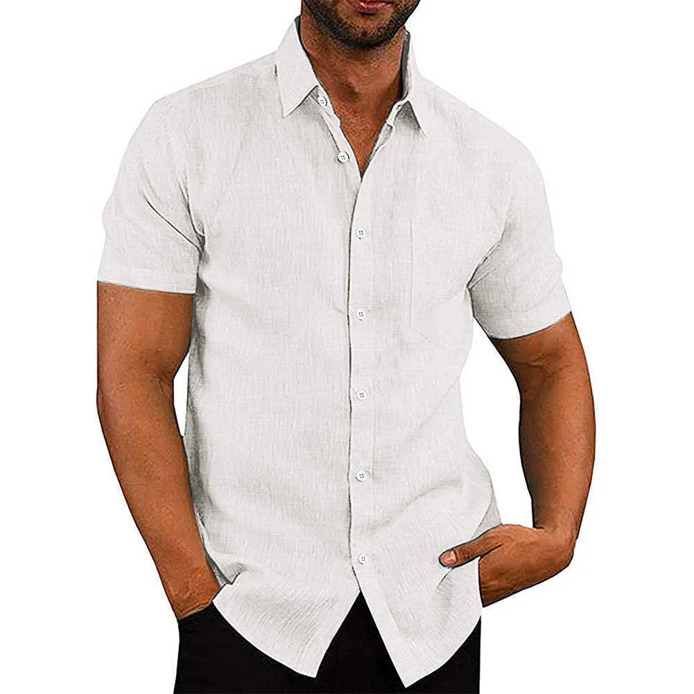 Botão de linho casual masculina para baixo camisa de negócios chambray sólido verão algodão solto respirável clássico 210721