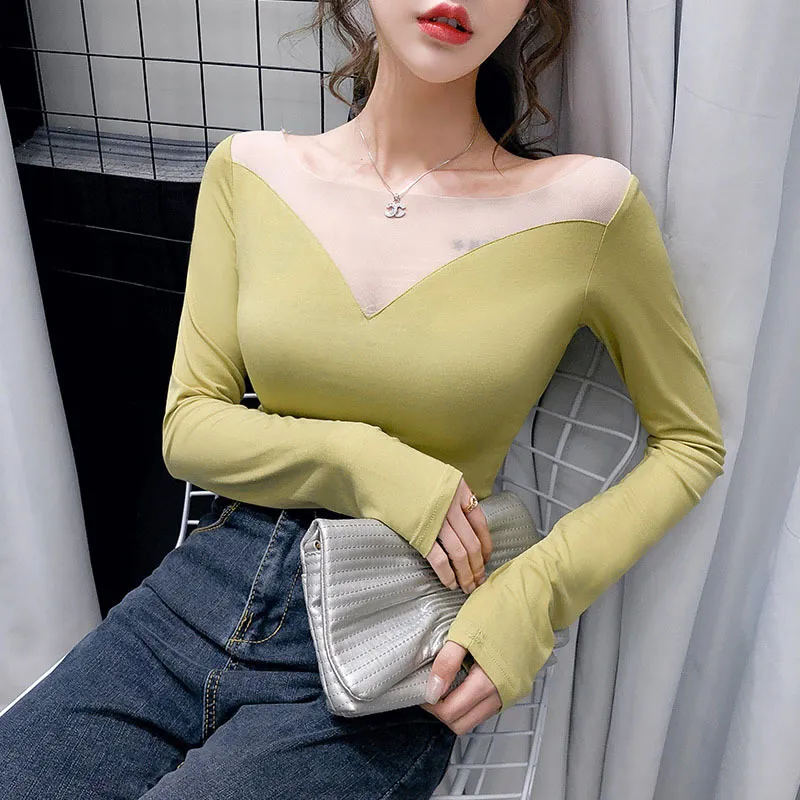 Spring Autumn Women's Top One-neck Sexy Off-the-shoulder Korean Tight-fitting Mesh Bottoming Long-sleeved s GX221 210507