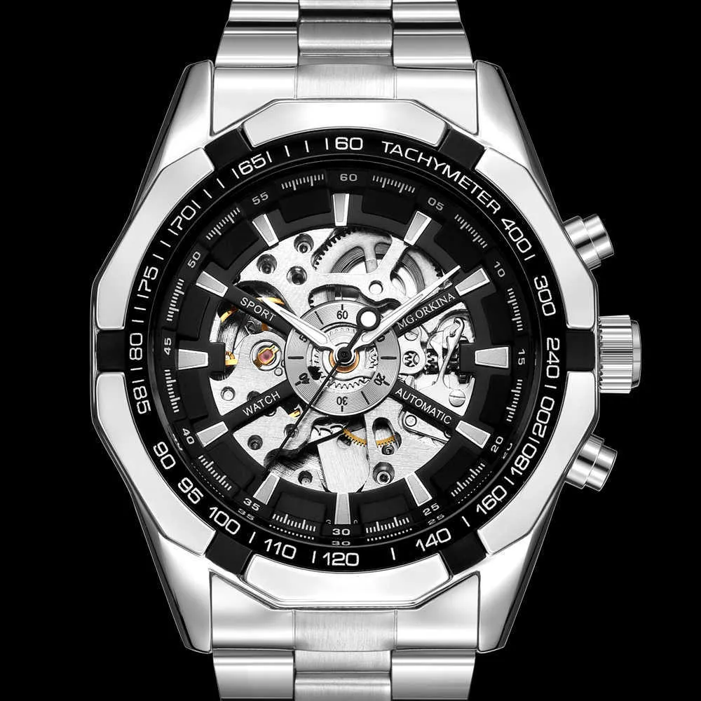 ORKINA Zilver Roestvrij Staal Klassieke Designer Heren Skeleton Horloges Topmerk Luxe Transparant Mechanisch Mannelijke Polshorloge 2107266p