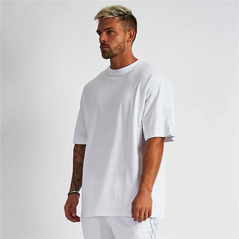 T-shirt oversize solida T-shirt da uomo Bodybuilding e fitness T-shirt casual da palestra T-shirt da uomo streetwear allentata T-shirt hip-hop 210726