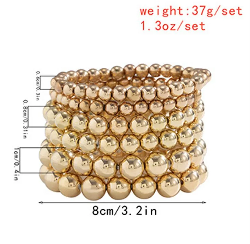 6 шт. набор 6 мм, 8 мм, 10 мм, золотой цвет, браслет из бисера для женщин, модный массивный большой круглый браслет из бисера ручной работы, модные украшения Bead204s