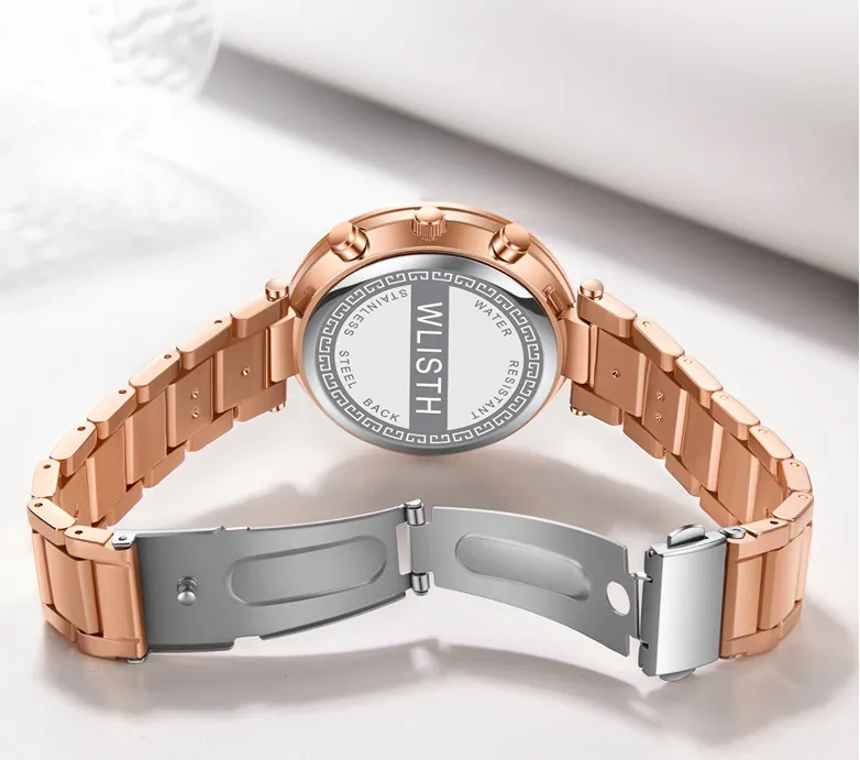 Pulseira de aço inoxidável lignt luxo elegante relógios femininos momento perfeito cheio diamante mostrador redondo quartzo rosa ouro hardlex pulso wa1989