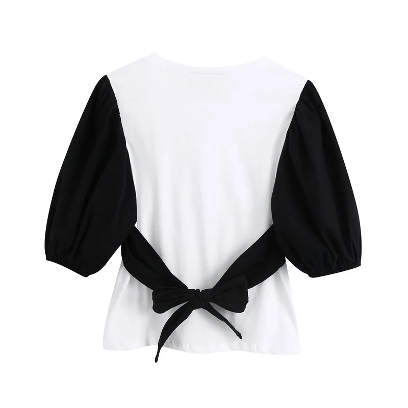 Dolce nero bianco patchwork donna camicette o collo manica a sbuffo femminile camicie blusas mujer stile preppy top 210430