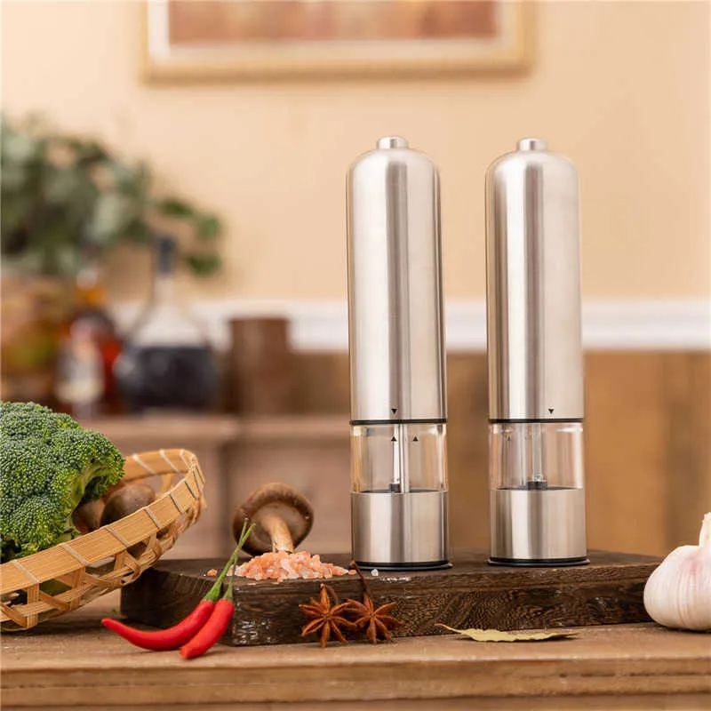 Electric Pepper Mill Rostfritt stål Salt och Grinder Set Metal Stand för matlagning matbordsredskap Köksredskap 210712