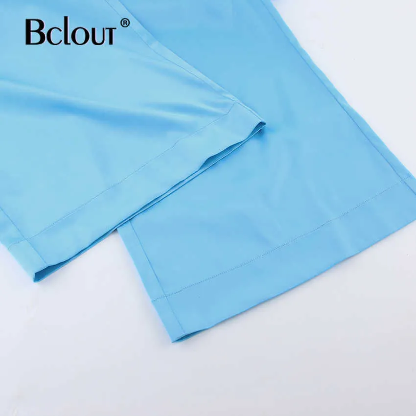 Bclout Blue Streetwear Satin Lösa långa byxor Kvinnor Hög midja Pläterad Brett Benbyxor Höst Patchwork Silk Zipper Byxor 2021 Q0801