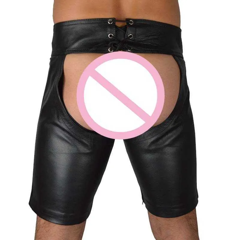 Sexiga Mens Shorts Black Faux Patent Läder Öppna Crotch Skinny Performance Trousers Men Short 210716