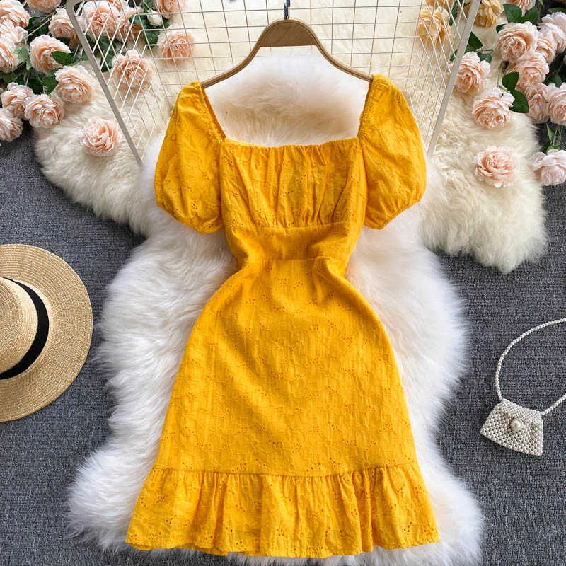 Sexy Yellow/Blue Hollow Out Mini Dress Women Square Collar Short Sleeve High Waist Ruffle Vestidos Vacation Beach Female 2021 Y0603