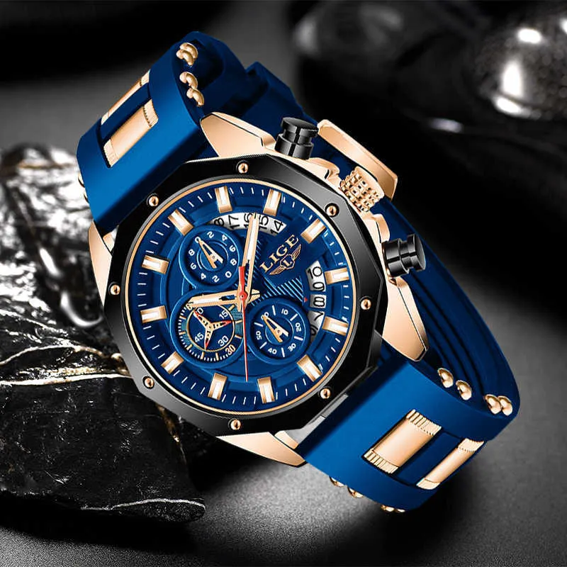 LIGE Mode Herrenuhren Top-marke Luxus Silikon Sportuhr Männer Quarz Datum Uhr Wasserdichte Armbanduhr Chronograph 210804263C