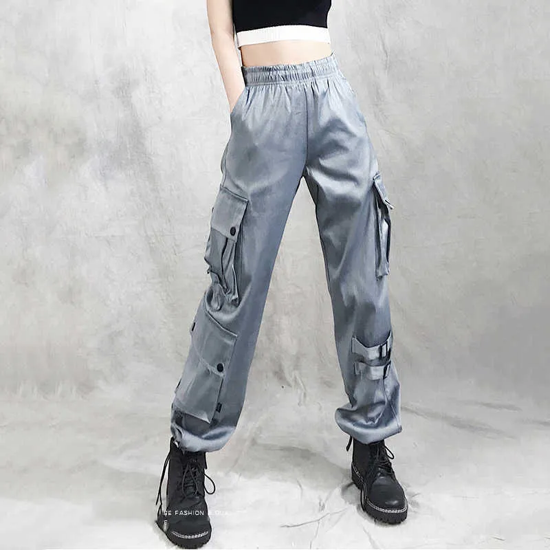 Pantaloni cargo larghi Harajuku primavera estate Pantaloni lunghi multitasche Streetwear Pantaloni elastici neri 210531
