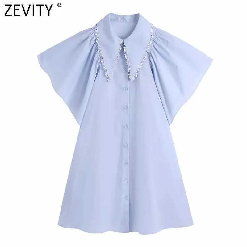 Zevity Kobiety Słodka Koronka Łączone Peter Pan Collar Solidna Koszula Sukienka Kobieta Chic Pleat Butterfly Sleeve Casual Vestidos DS8342 210603