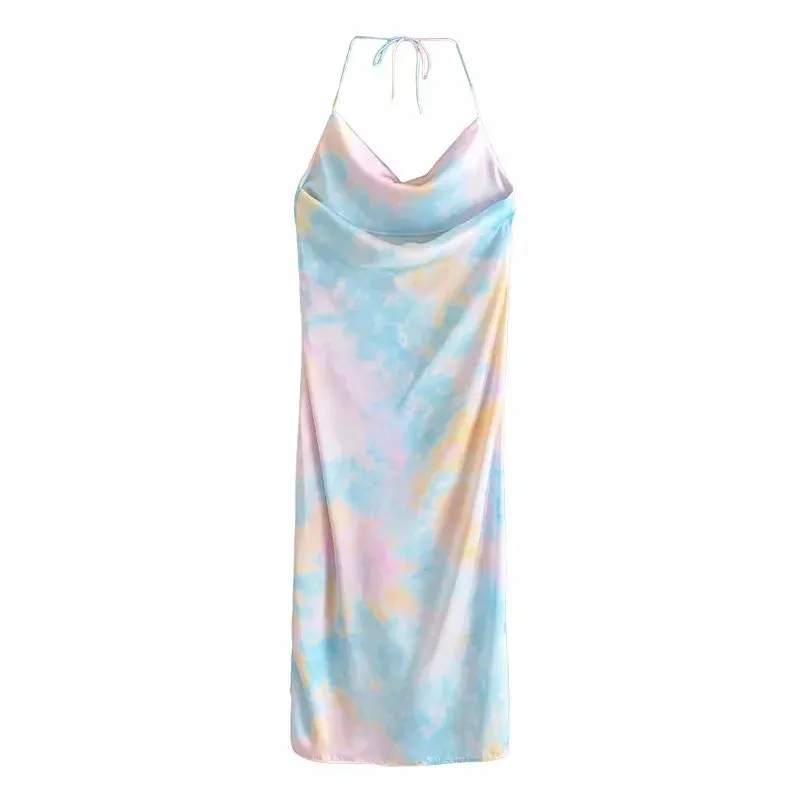 Tie Dye Halter Robe Longue Femmes Dos Nu Slip Midi D'été Femme Robes Ruché Élégant Sexy Partie 210519