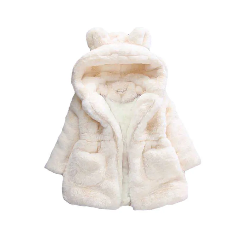 Winter Plüsch Imitation Pelz Mädchen Jacke Warm Halten Mit Kapuze Oberbekleidung Für Kinder 1-8 Jahre Weihnachten Geschenk Kinder Mantel 211023