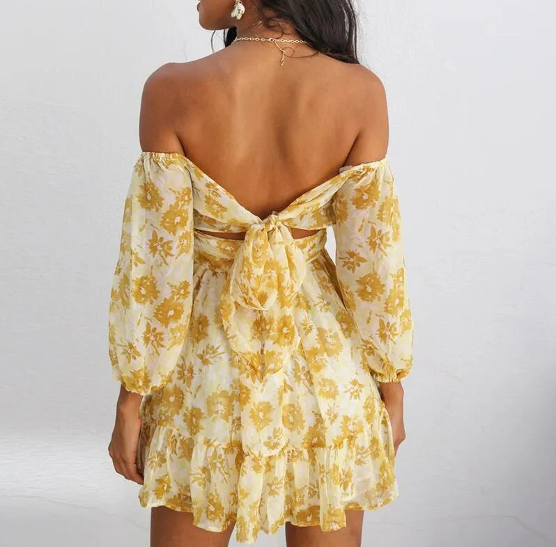 Vestido de estilo de playa con estampado floral de manga larga para mujer fuera del hombro bohemio verano vestido de verano lindo amarillo mini vestidos femeninos 210427