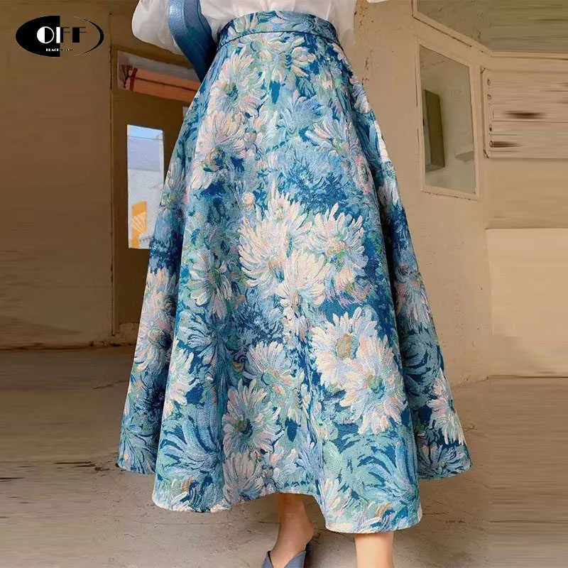 Vintage Kwiat Żakardów Spódnice Kobiety Wiosna Lato A-Line Streetwear Wysoka Talia Retro Party Urodziny Panie Midi Spódnica FEMME 210708