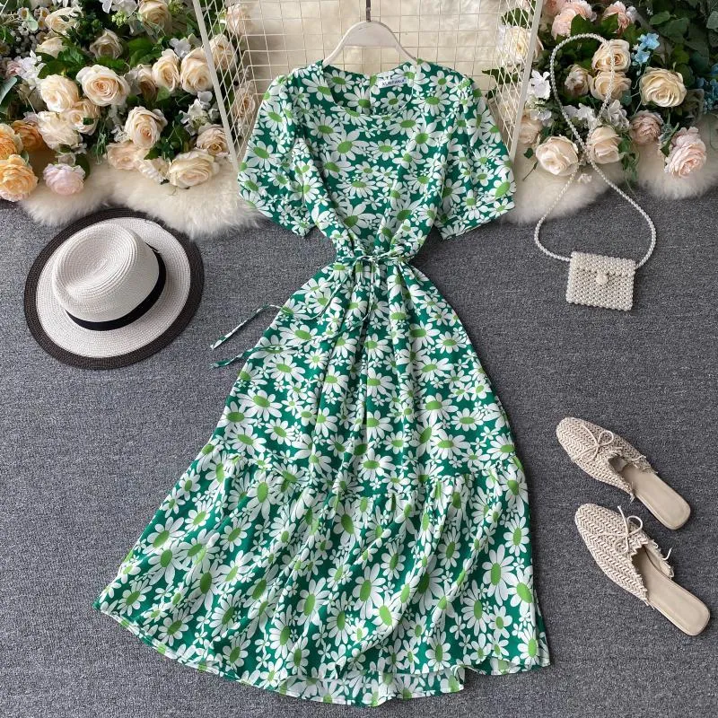 Damska sukienka kwiatowa Lato nadmorskie święto Ins Small Fresh Daisy Drukuj Lace Up Waist A-Line ML1024 210506