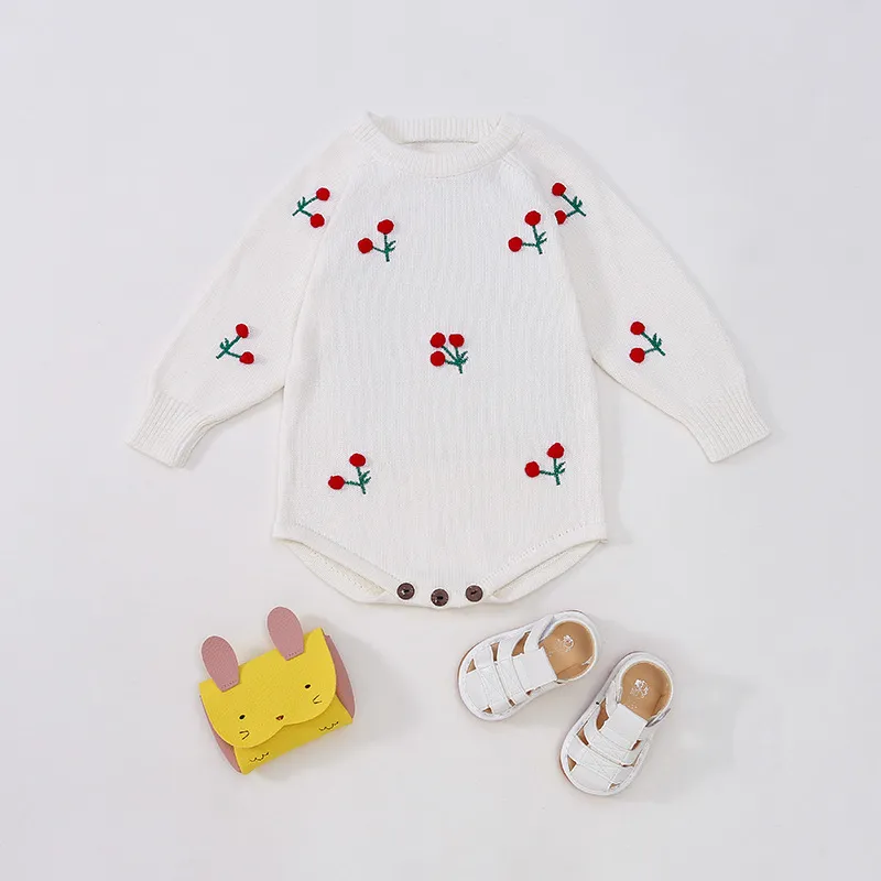 Baby Knitted Woolen Jumpsuit Girls Cherry Long-sleeved Infant Bag Fart Warm Romper 210515