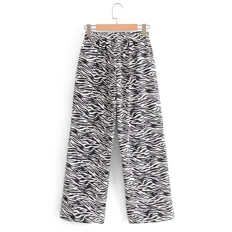 Kvinnor Vår Höst Vintage Wide Ben Byxor Elastisk Midja Zebra Skriv ut Loose Kvinna Fashion Street Byxor Kläder 210513