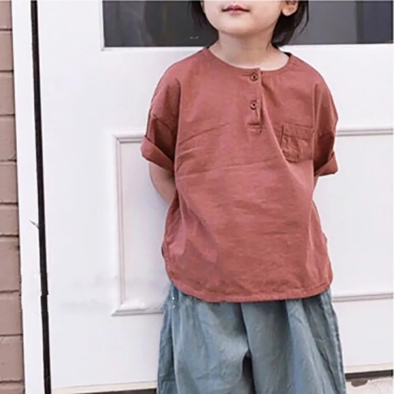 Vêtements pour enfants d'été Style coréen Garçons et filles à manches courtes Couleur unie Casual T-shirt en coton lâche 210515