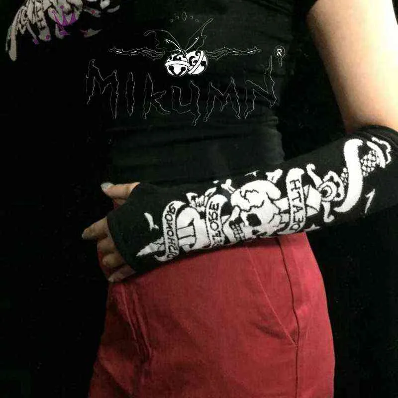 Punk Skull Half Finger Balck Gloves Women Gothic Fingerless Knitted Long Gloves Hip Hop Streetwear8617312
