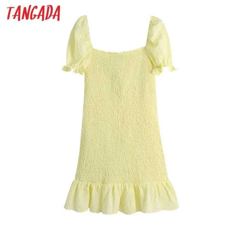 Tangada Femmes Été Smocké Élastique À Volants Mini Robe Vintage Manches Bouffantes Avec Doublure Robes Féminines Robes BE622 210609