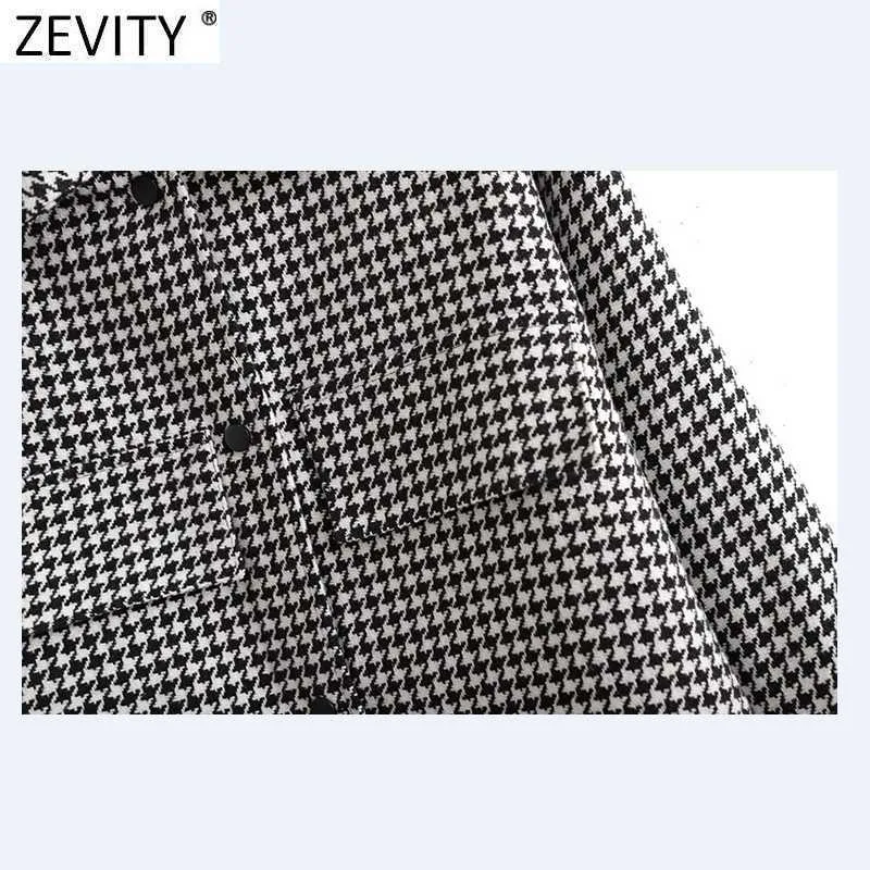 Zevity 여성 빈티지 트리밍 술 장식 Houndstooth 셔츠 코트 여성 긴 소매 캐주얼 아웃웨어 자켓 세련된 탑스 CT674 210603