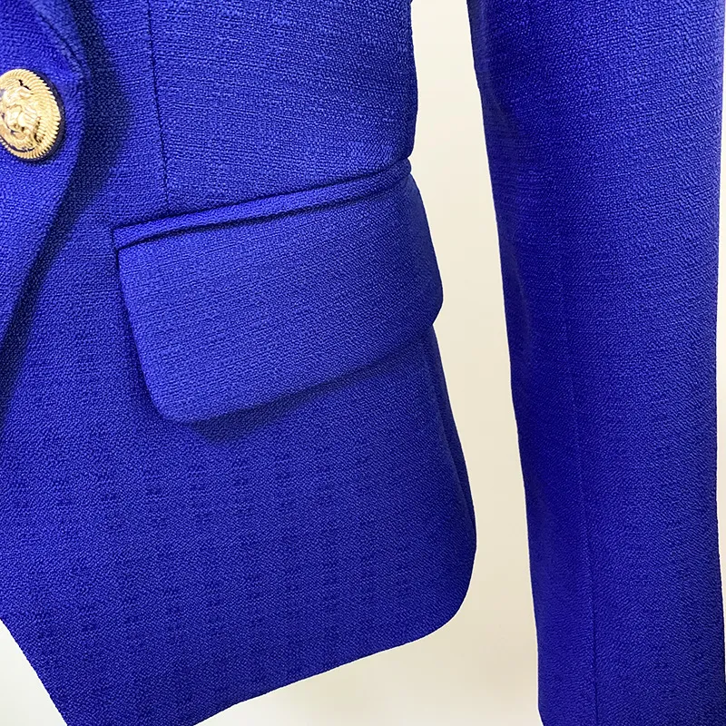 2021 Fall Höst Långärmad Notched-Lapel Royal Blue Solid Färg Slim Metal Spännen Dubbelbröst Blazers Elegant Toppkvalitet Outwear Coats 21O13095