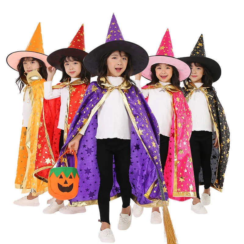 Children Halloween Costumes Wizard Witch Cloak Cape Robe with Pointy Hat Girls Boys Cosplay Props Kids Birthday Party Supplies Q0910