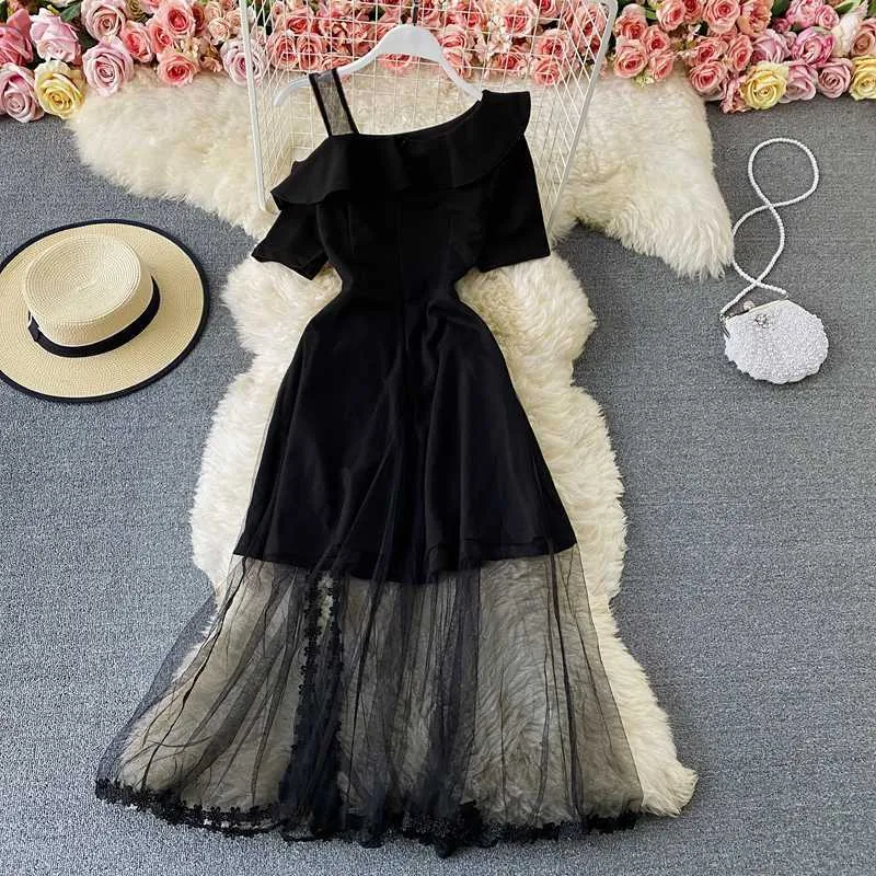 Vintage Black Mesh Patchwork Party Long Dress Women Sexy Slash Neck One-Shoulder Short Sleeve High Waist Vestidos Spring Summer Y0603